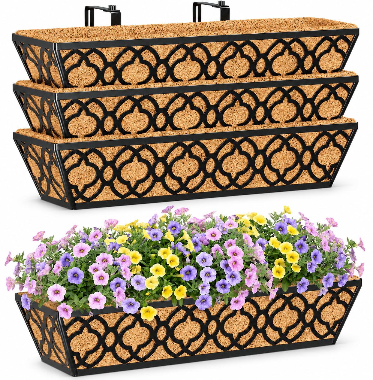 Y&M 4pcs 24 Inch Window Deck with Coconut Coir Liner, 24" Railing Planter Horse Trough Coco Basket Boxes Metal Hanging Flower Balcony for Outdoor Garden Fence Lawn