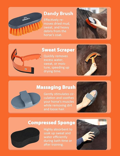 Shinewell Horse Grooming Kit, Complete Horse Brush Set, Equine Grooming Tools for Shedding & Daily Care Orange