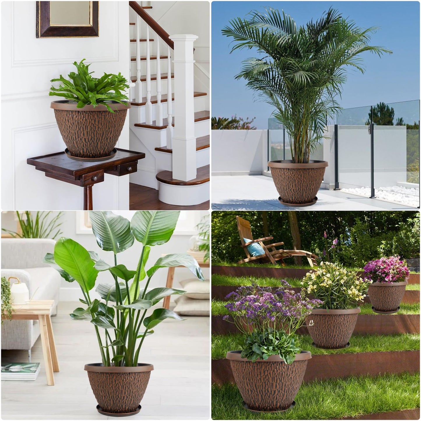Nooulap 4 Pack 8 inch Small Plant Pots and 4 Pack 16 inch Large Flower Pots, for Indoor Outdoor Plants, Plastic Flower Pots Outdoor with Drainage Hole & Tray, Lightweight Planters Garden Home Decor