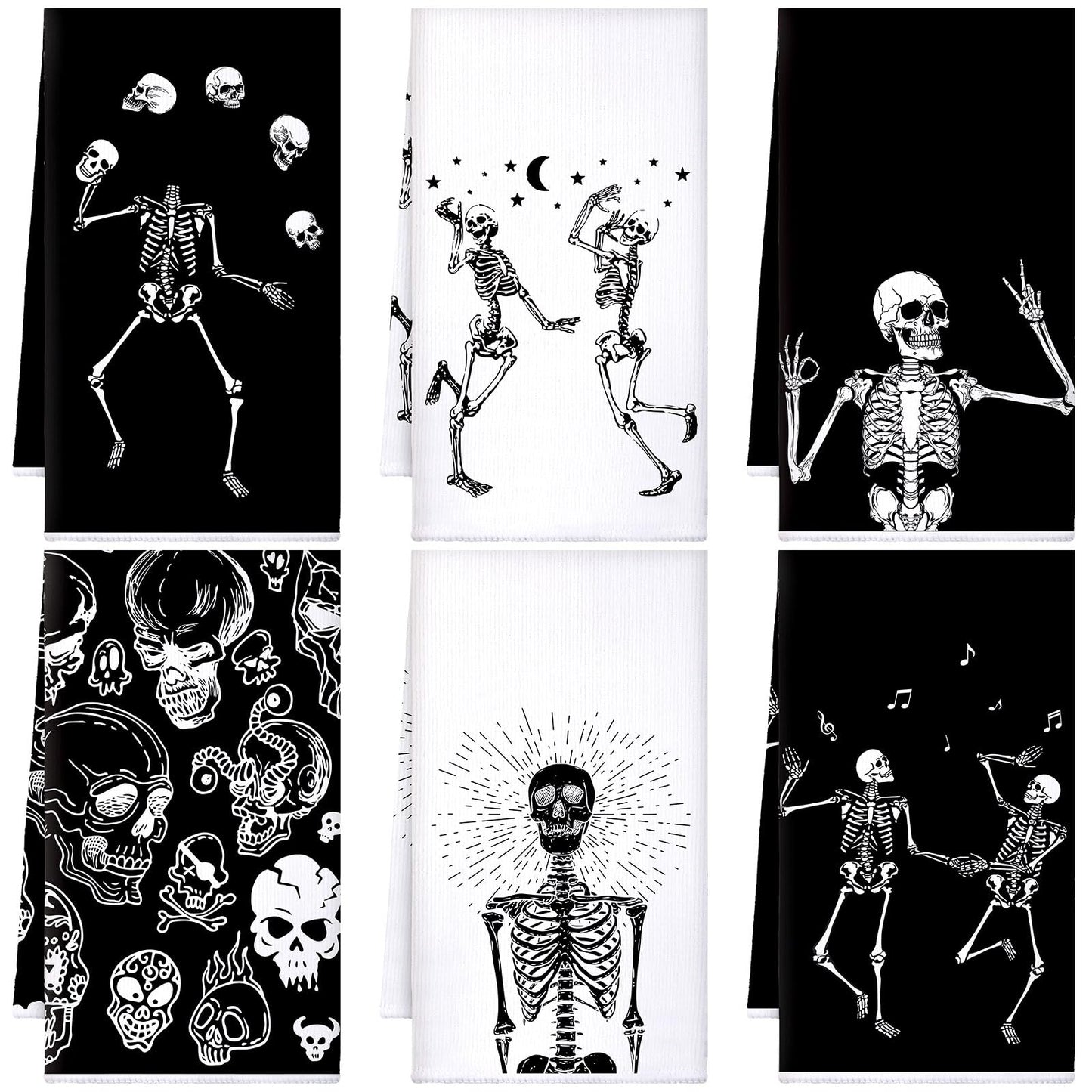 Bencailor 6 Pcs Skull Kitchen Towels Skeleton Dish Hand Towels Gothic Spooky Skull Tea Washcloth for Bathroom Kitchen Goth Horror Decor Gifts 24 x 16''