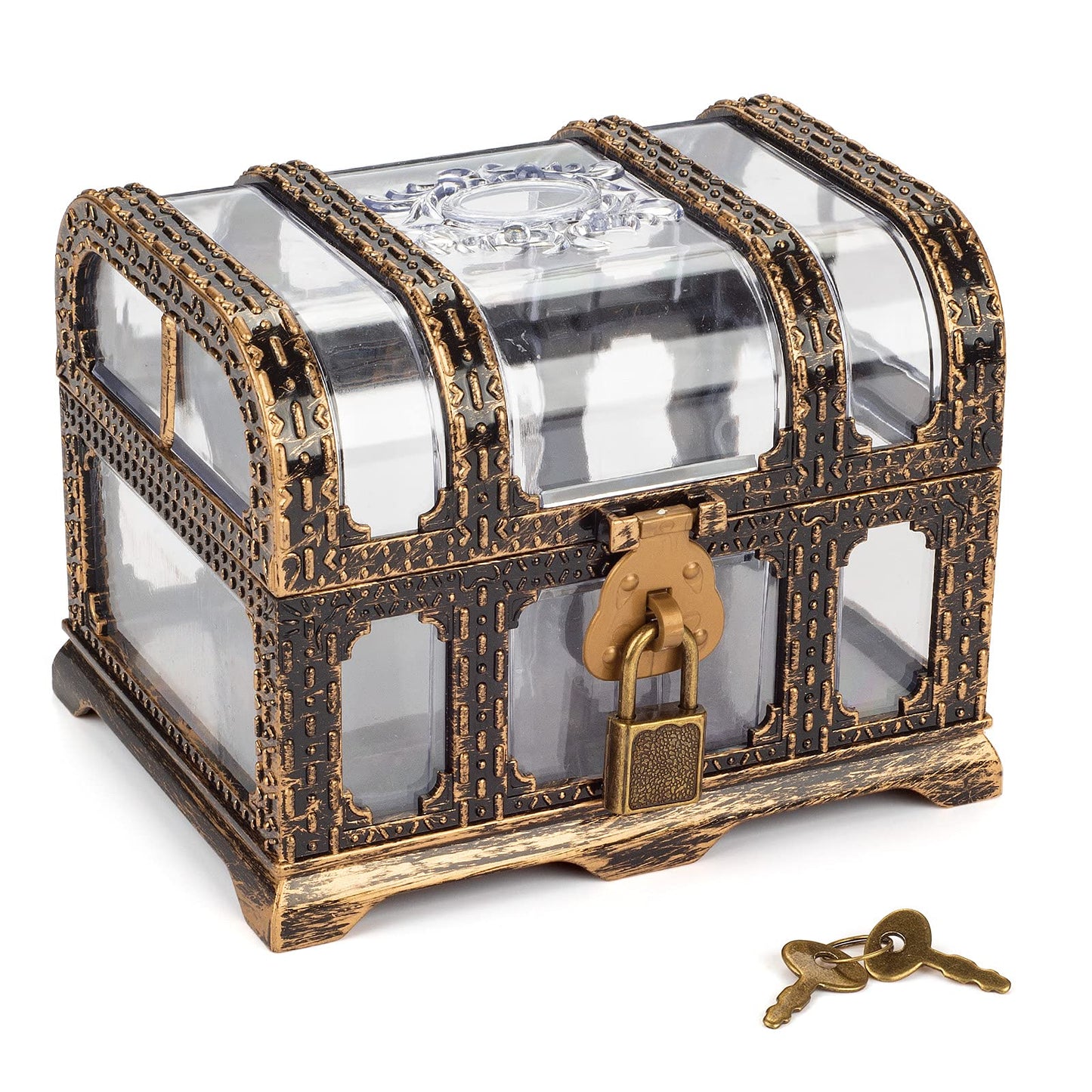 Pemalin Plastic Transparent Antique Pirate Treasure Box with Lock and Key, Treasure Toy Box Prizes for Kids, Pirate Party Decor