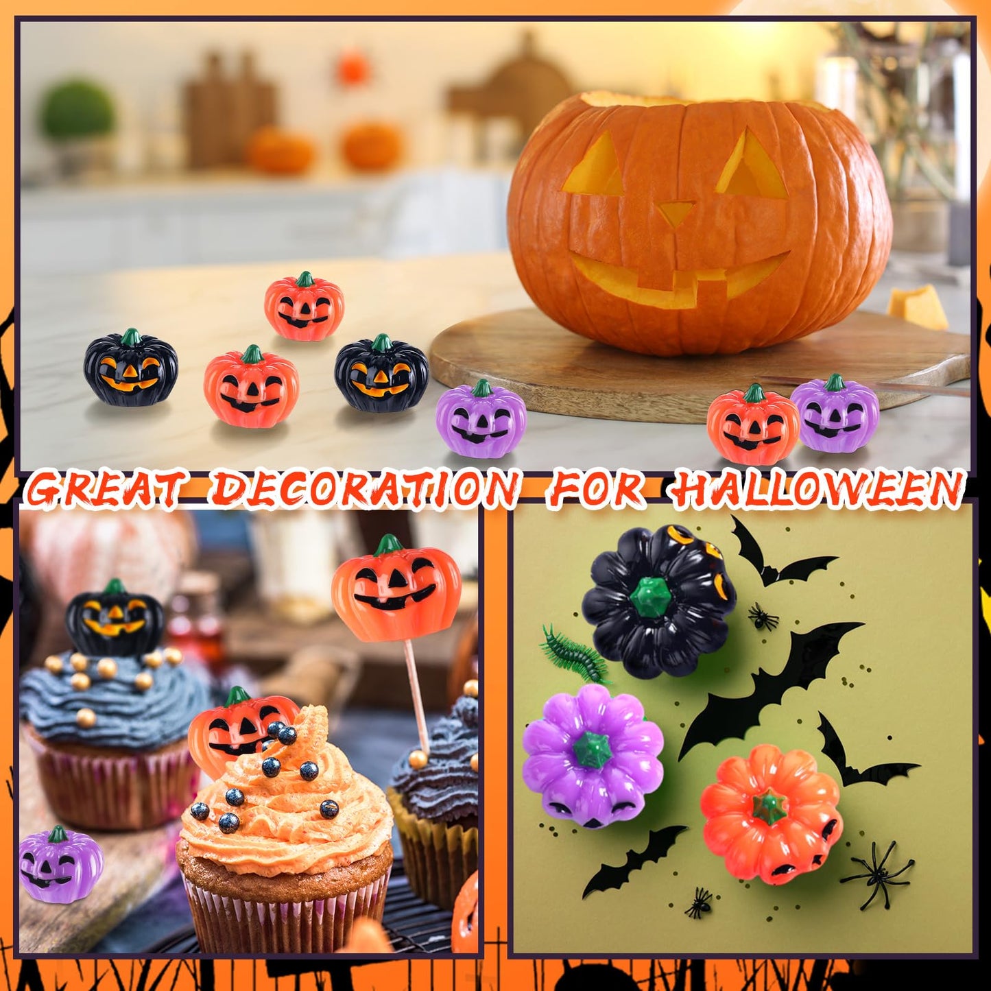 Yalikop 60 Pcs Mini Resin Pumpkin Halloween Miniature Grimace Pumpkin Tiny Vegetable Decor for Halloween Thanksgiving Fall Harvest Festival Party DIY Craft Home Table Decor(Orange, Purple and Black)