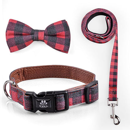IVY&LANE Dog Collar with Bowtie and Leash Set | Plaid Adjustable Dog Collar | Detachable Bow Tie |5 FT Dog Leash | for Small Medium Large Dogs | Checkered Red | Large