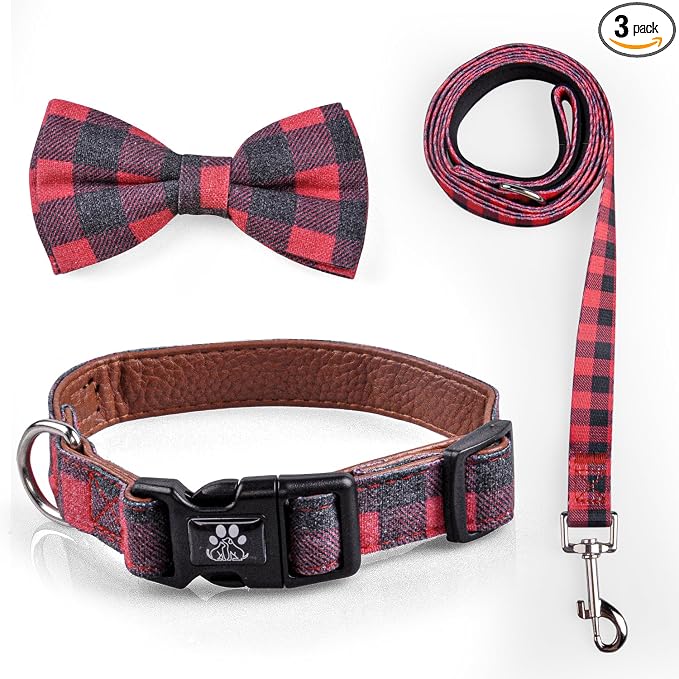 IVY&LANE Dog Collar with Bowtie and Leash Set | Plaid Adjustable Dog Collar | Detachable Bow Tie |5 FT Dog Leash | for Small Medium Large Dogs | Checkered Red | Small