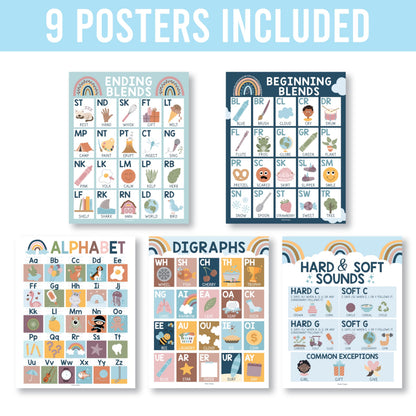 Hadley Designs Phonics Posters for Classroom Must Haves - 9 Sound Wall for Kindergarten & Elementary Teacher Supplies, Syllable, Vowels, Digraphs & Blends Bulletin Board Set, Boho Classrom Decor