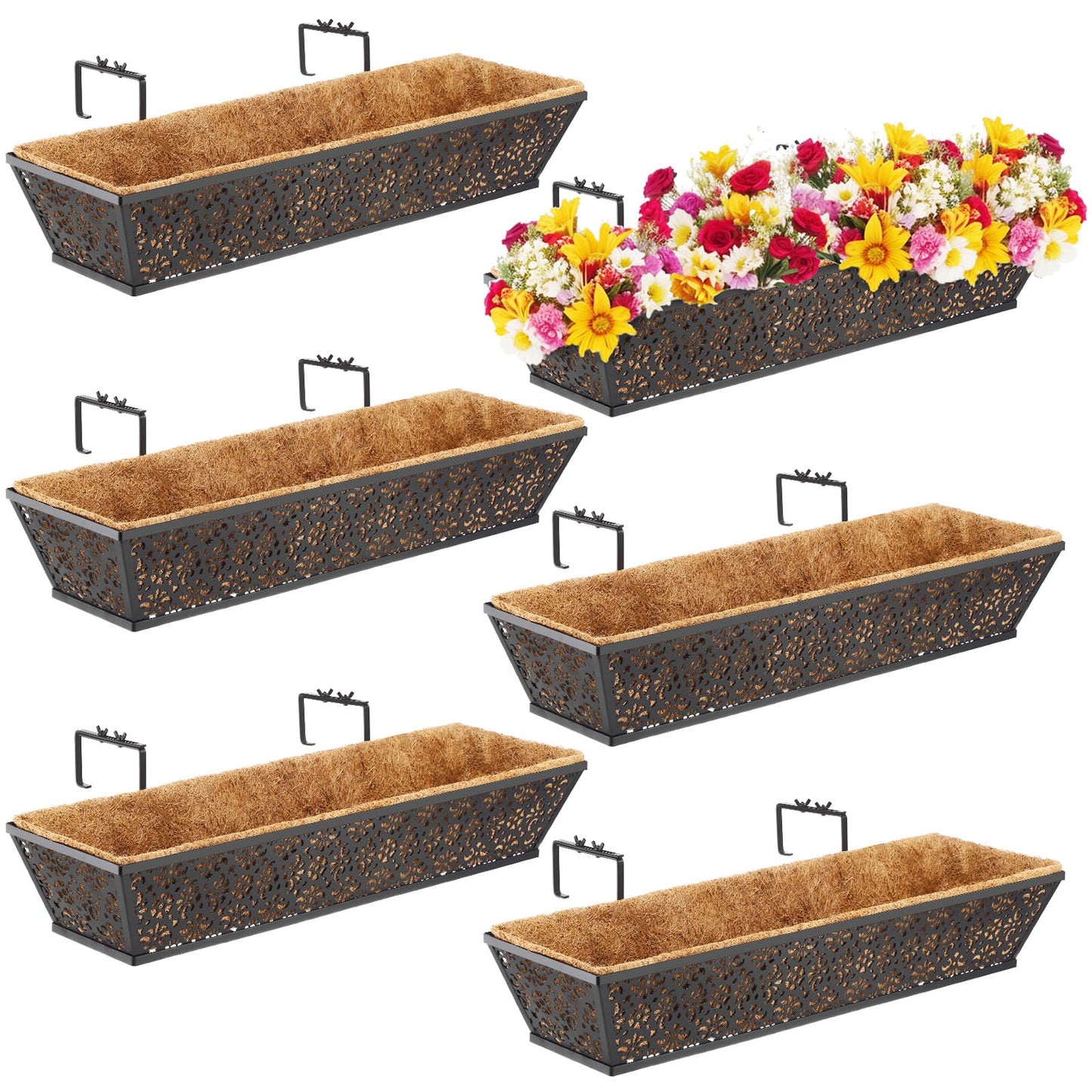 Geetery 6 Pack Window Railing Planter 30 Inch Deck Black Metal Hanging Flower Planter Basket Window Boxes Railing Planter Basket with Coconut Liner for Patio Fence Porch Balcony(Vivid)