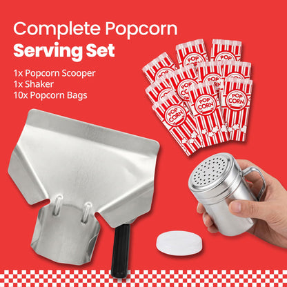 Scoopset Popcorn Scoop Set with Salt Shaker & 10 Popcorn Bags, Stainless Steel Popcorn Scoop for Popcorn Machine, Popcorn Scooper, French Fry Scoop Bagger Shovel