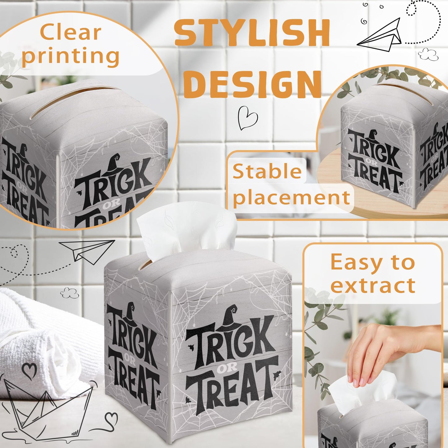 Halloween Trick Or Treat Tissue Box Holder, Spider Web Grey Leather Tissue Box Cover Square, Facial Paper Organizer Dispenser Toilet Paper Holder for Bathroom Kitchen Office Home Decor-A09
