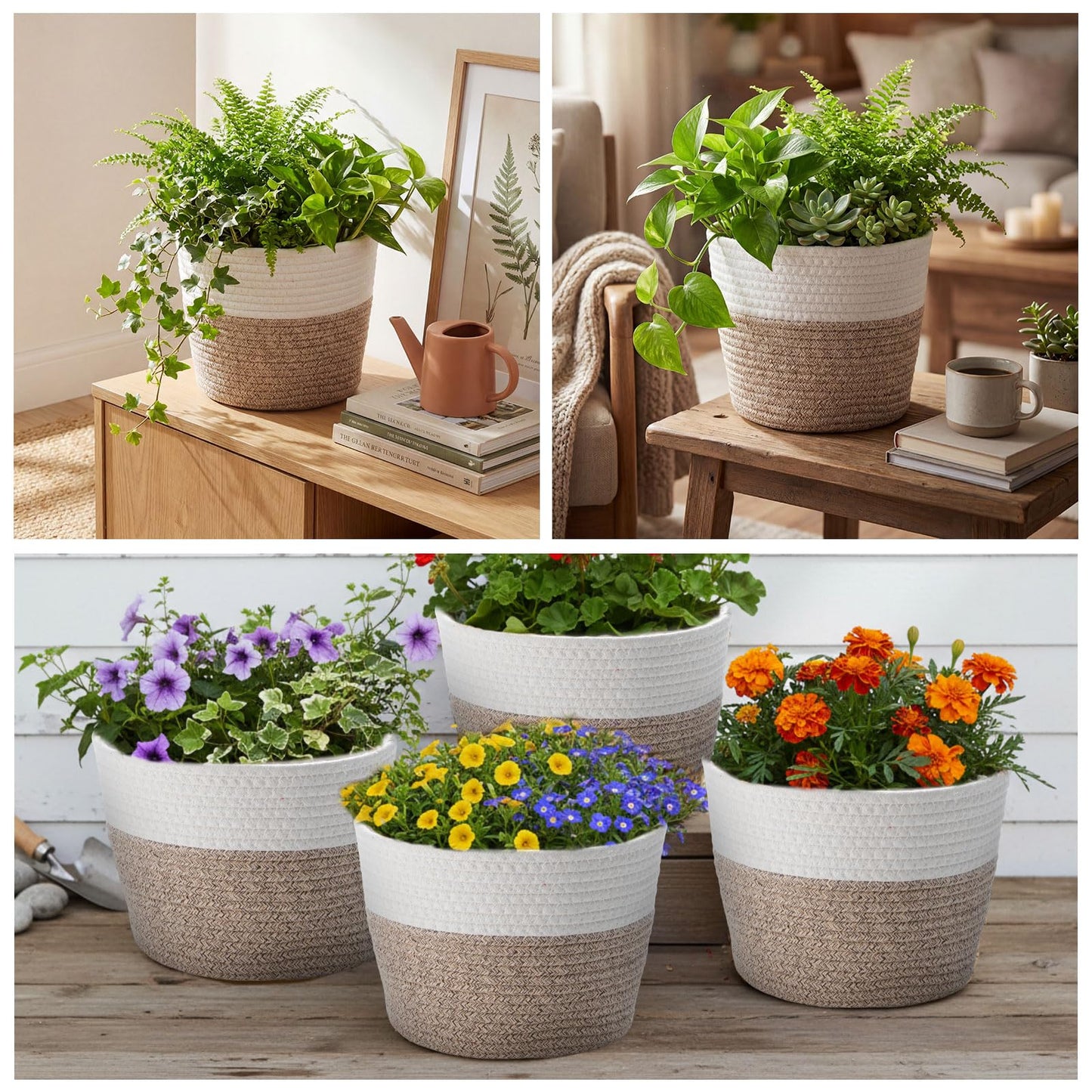 Fiwochic 4 Pcs Cotton Rope Plant Baskets Indoor Woven Flower Baskets with Plastic Liner, Plant Planter for Indoor Outdoor Spring Rustic Boho Home Farmhouse Floor Potted Pots Decor