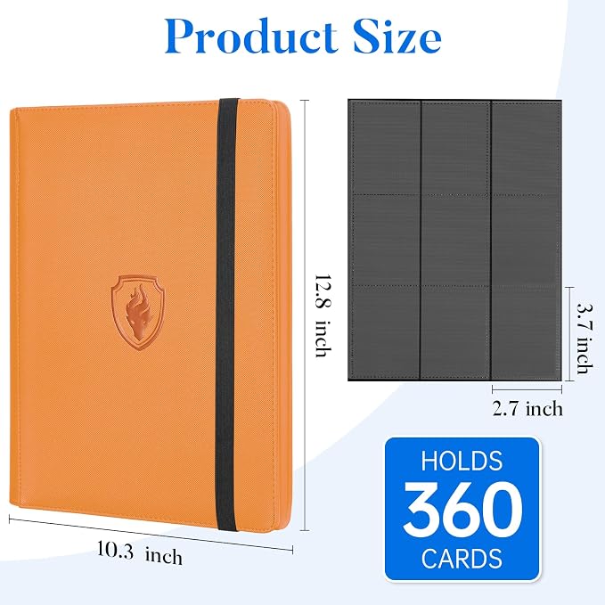 Premium 9 Pocket Card Binder for 360 Cards, Fabmaker PU Cover Trading Card Binder, Sturdy Card Collection Album, Sleek Card Holder Folders for Game Cards & Sports Cards, Orange