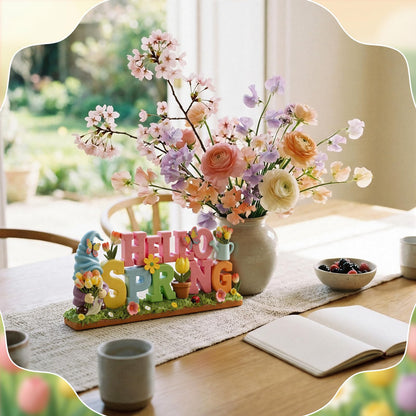 Simgoing 1 Pack Hello Spring Table Decoration Resin Spring Gnome Decorations for Home Pastel Flower Table Sign Festive Floral Statue Tabletop Centerpiece for House Tabletop Tiered Tray Fireplace Decor