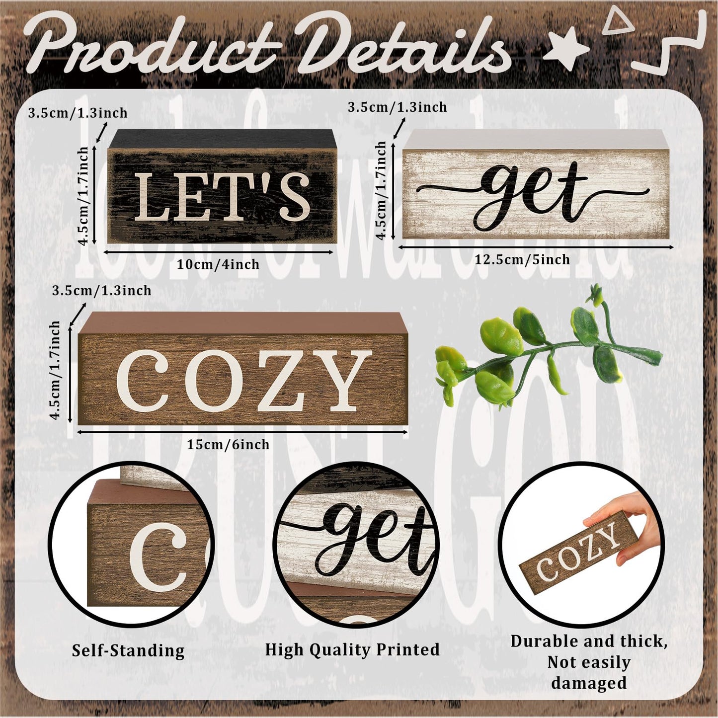 Moucuny 4 Pcs Farmhouse Table Decor Inspirational Wooden Signs Rustic Eucalyptus Leaves Wooden Block Sign Gift Let's Get Cozy Farmhouse Table Centerpiece for Living Room Housewarming Gift