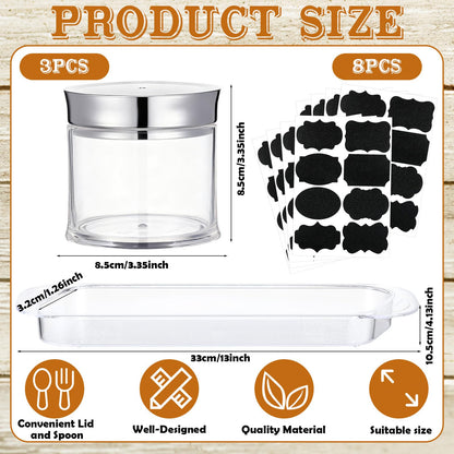 Ferrochef Set of 3 Acrylic Sugar Container with Lid Spoon and Tray 7oz Clear Condiment Coffee Jars Container with Labels Seasoning Salt Box Set for Kitchen Storage Coffee Bar