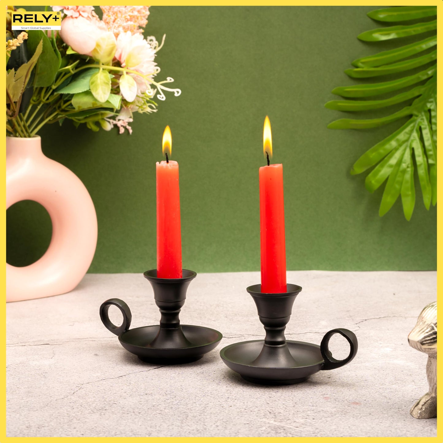 Rely+ Candle Holders with Handle for Taper Candlestick Set of 2 Modern Decor for Home Table Centerpiece for Wedding Parties Dinners Decorations (Black Matte Metal)