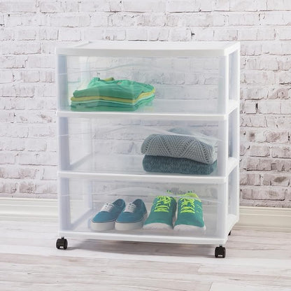 Sterilite 4 Pack Wide 3 Drawer Storage Cart, Plastic Organizer with Wheels, White - Multipurpose Bin for Clothes, Accessories, or Home Accessories