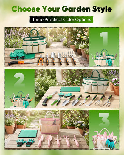 Garden Tool Set Gardening Tools - Heavy Duty Aluminum Tool Kit with Non-Slip Handle, Gardening Gloves and Tool Bag for Weeding, Planting and Pruning, Gifts for Women Mom (Green Set)