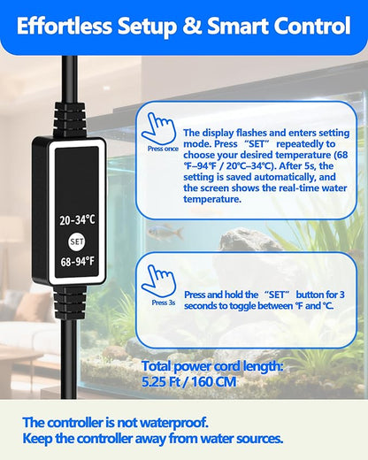 50W Titanium Aquarium Heater with LED Digital Display & External Controller – Submersible Fish Tank Heater, Precise ±1.8℉, IP68 Waterproof, for 3-7 Gallon Freshwater & Saltwater Tanks