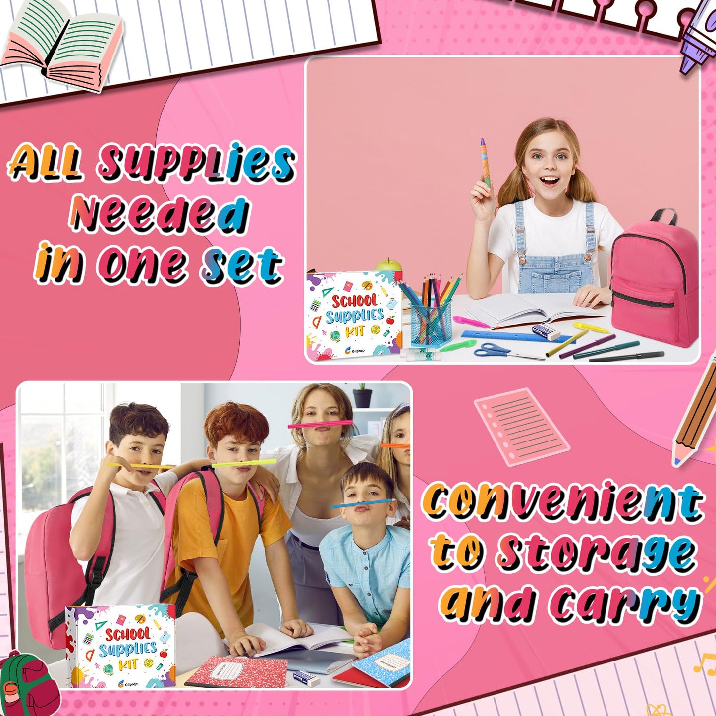 Gilprop 79 Pcs Back to School Supplies Box for Kids K-5 Students Elementary Middle School Supplies Kit Bundle Bulk Essential Pen Notebook Stationery for Primary Student Classroom(Pink)