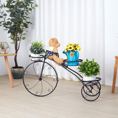 Tricycle Iron Planter Stand 3 Potted Metal Bicycle Shape Plant Flower Pot Rack Black Vintage Rectangular