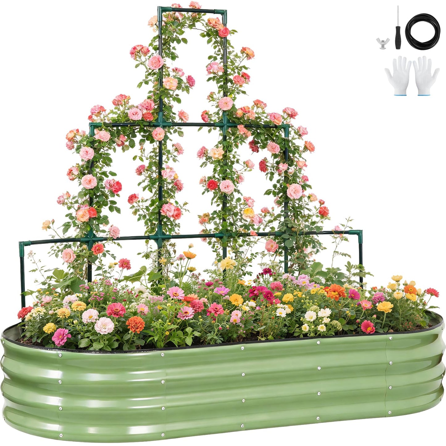 VIREO GARDEN Galvanized Raised Garden Bed with Wall Trellis | 6x3x1FT Metal Raised Garden Beds Outdoor for Gardening Climbing Plants | Planter Box Outdoor with Gloves for Vegetable Flower, OliveGreen