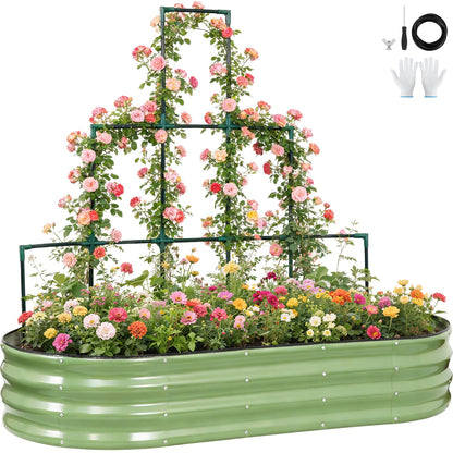 VIREO GARDEN Galvanized Raised Garden Bed with Wall Trellis | 6x3x1FT Metal Raised Garden Beds Outdoor for Gardening Climbing Plants | Planter Box Outdoor with Gloves for Vegetable Flower, OliveGreen