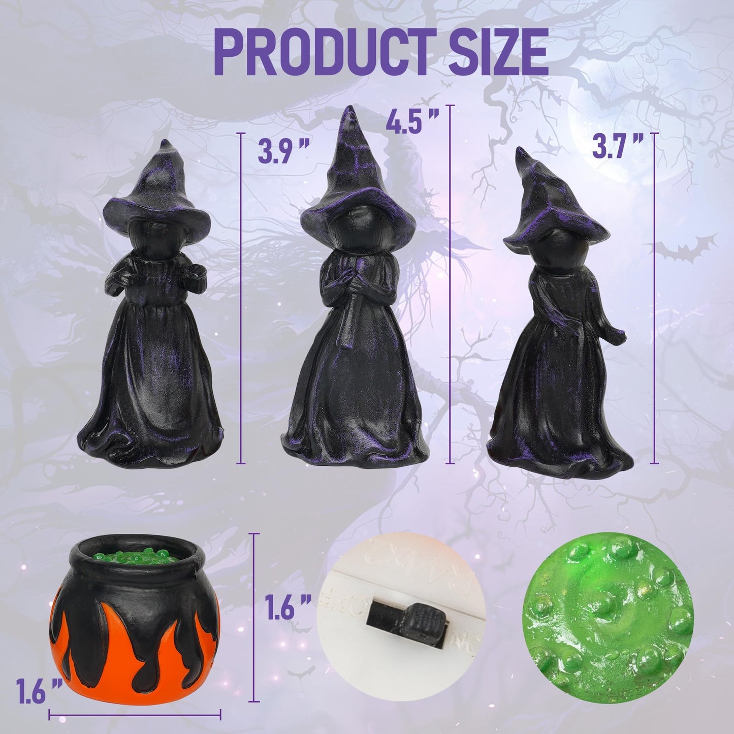 NEROSUN 4 PCS Halloween Miniature Witches Cauldron Figurine Table Decoration, Resin Scary Witches Lighted up Cauldron, Halloween Festival Supplies Indoor Outdoor Shelf Fireplace Home Decor