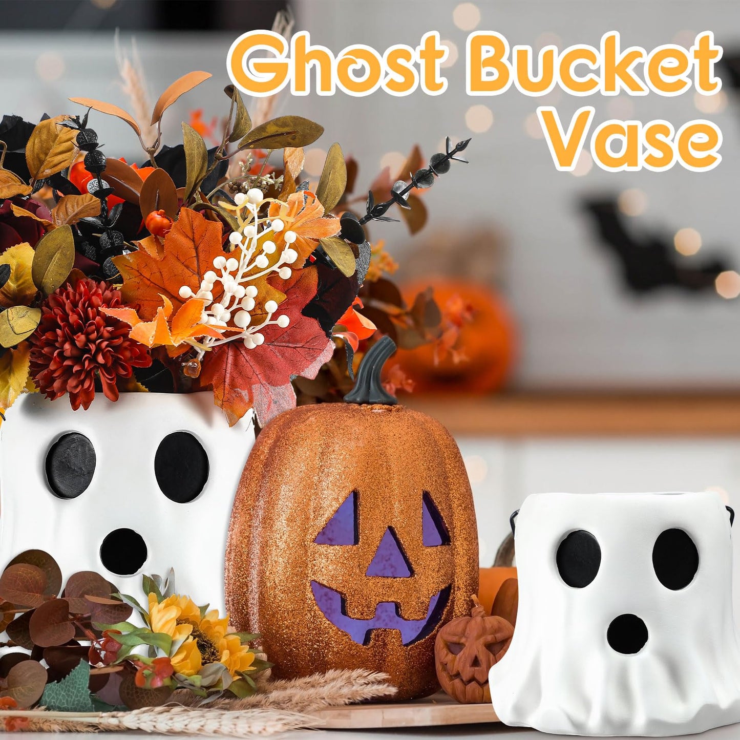 Fullhawl 2 Pack Ghost Bucket Decor Halloween Vase Cutest Ghost Candy Bowl Planter Pot Halloween Bucket Vase for Indoor Outdoor Garden Home Decor