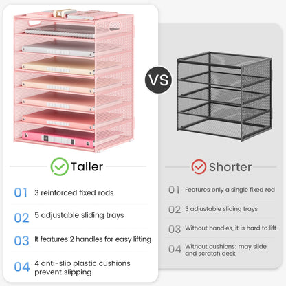 Lavatino 8-Tier Letter Tray Desk Paper Organizer, Mesh File Sorter Tray Organizer for Desk Office Supplies & Home Organization, Fits A4 Paper, Mail, Magazines and Office Accessories (Pink with Handle)