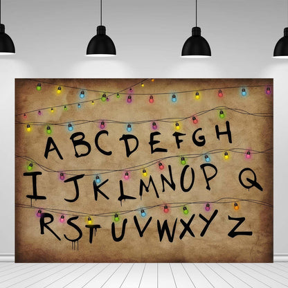 Colourful Light String Rustic Alphabet Backdrop for Halloween Birthday Party Decor Cake Table Banner Photo Booth Props Supplies 7x5FT