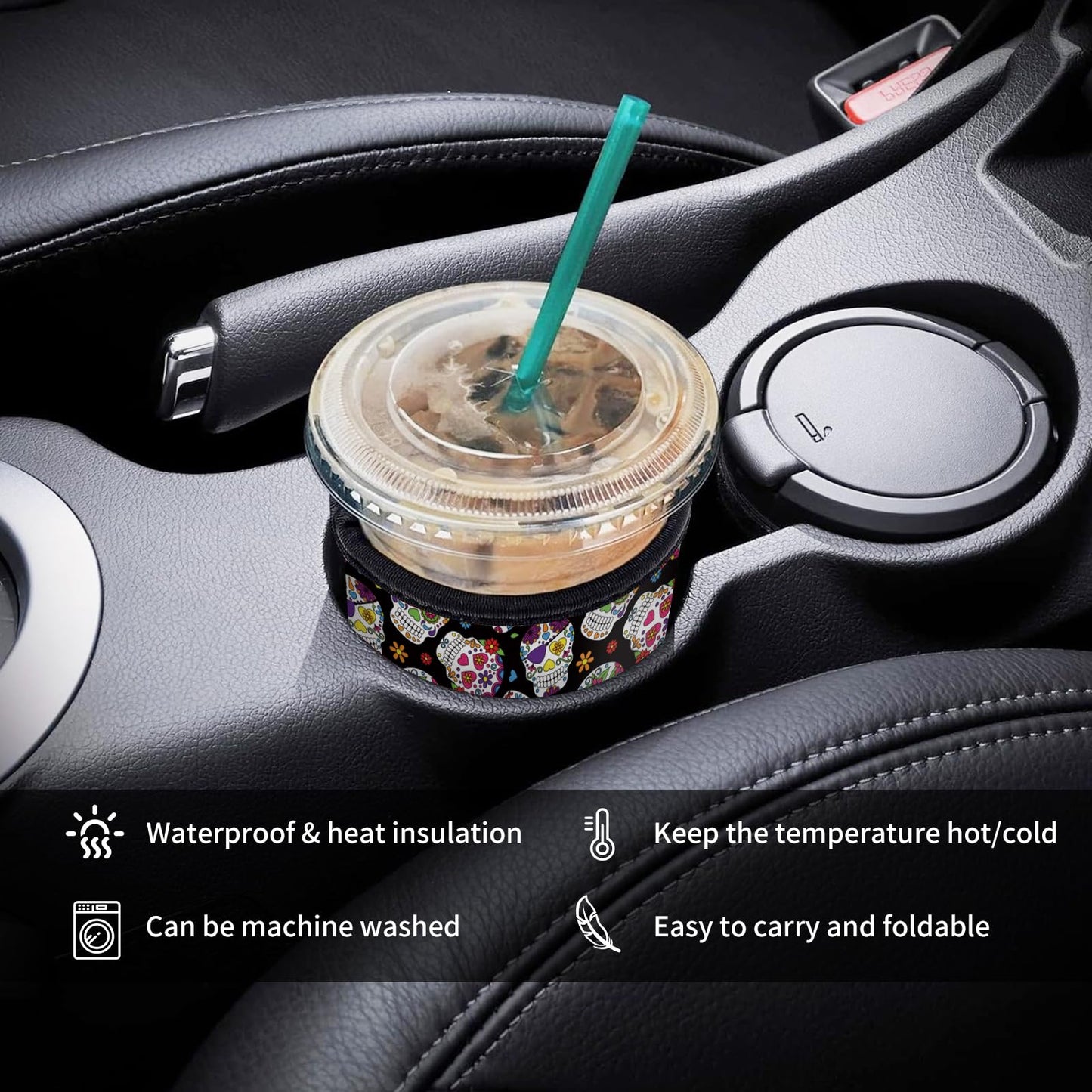 AUEKLLW 3 Pack Reusable Neoprene Insulator Sleeve for Iced Coffee Cups, Funny Coffee Cup Sleeves for 16-32oz Coffee cups, Cute Drink Sleeve for Cold Hot Beverages Cute Floral Skull