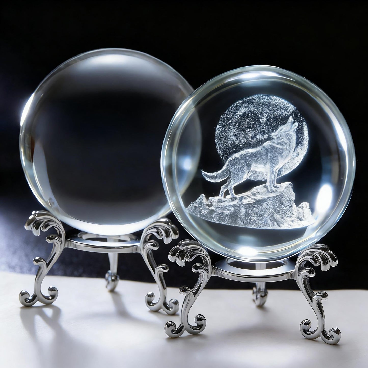 vskikris 2 Crystal Balls with Silver Stands - 3D Laser Engraved Wolf & Moon & Clear Crystal Sphere Set, Decorative Paperweights, Home & Party Decor, Photography Props, for Men & Nature Lovers