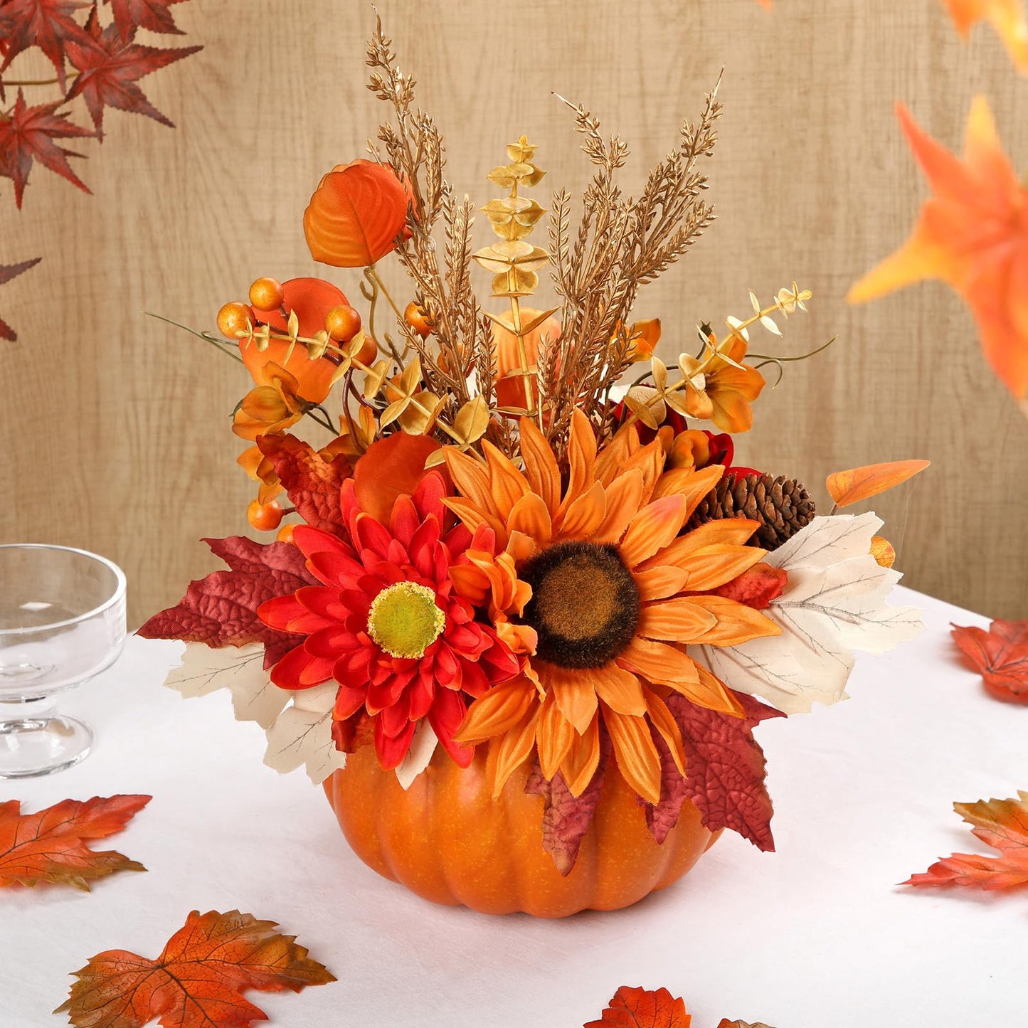 Arborus Artificial Pumpkin Fall Décor - Autumn Table Centerpieces with Red Faux Flowers, Maple Leaves, Sunflowers, Pumpkin – Halloween, Thanksgiving & Harvest Home Decoration