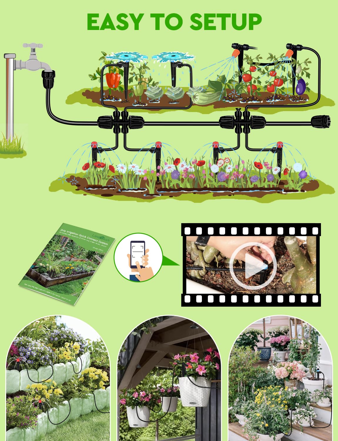 Landtouch Drip Irrigation System, 40FT 1/2" Mainline & 100FT 1/4" Tubing, with Adjustable Drip Emitters Misting Sprinkler, Efficient Sprinkler System Kit for Flower Bed, Raised Bed, Greenhouse, Lawn