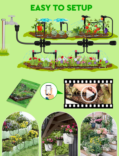 Landtouch Drip Irrigation System, 40FT 1/2" Mainline & 100FT 1/4" Tubing, with Adjustable Drip Emitters Misting Sprinkler, Efficient Sprinkler System Kit for Flower Bed, Raised Bed, Greenhouse, Lawn