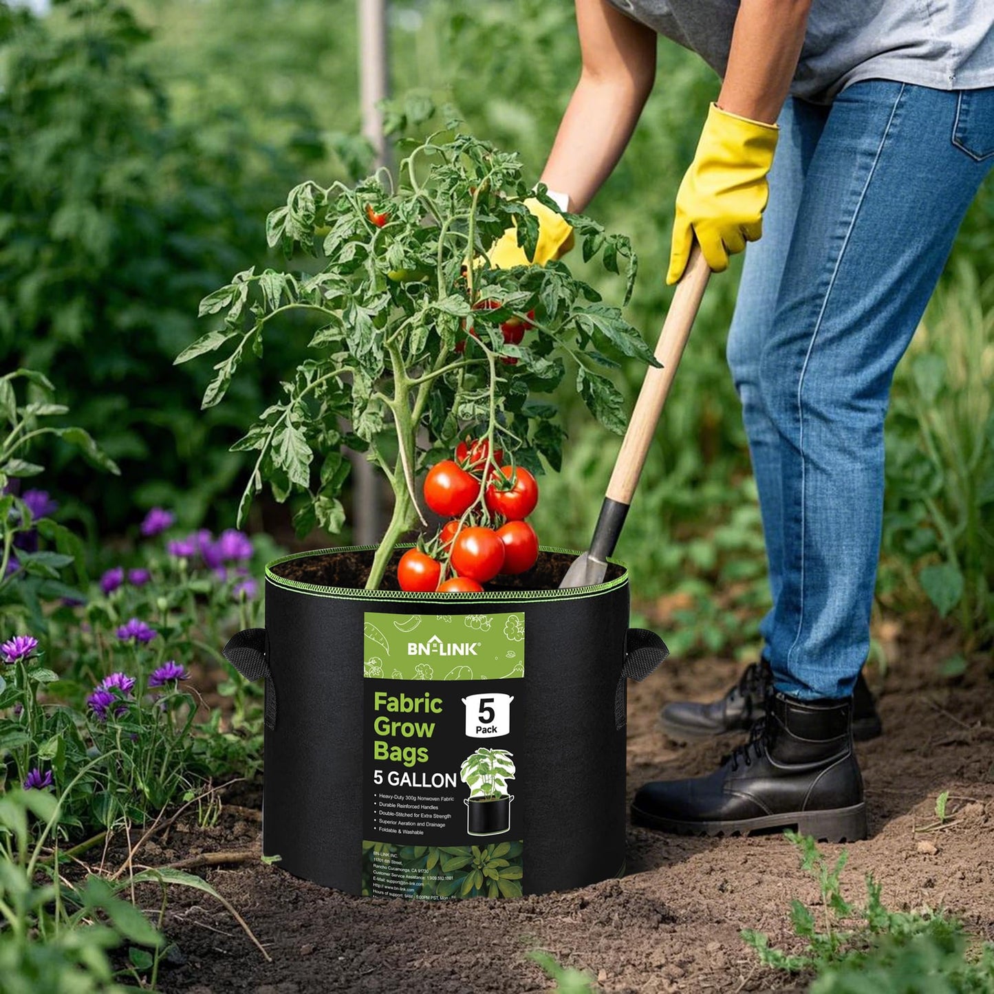 BN-LINK 5-Pack 5 Gallon Grow Bags, Heavy Duty Aeration Fabric Pots with Handles, Thickened Nonwoven Plant Bags for Vegetables, Flowers, Fruits