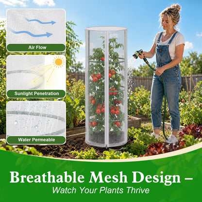 2 Pcs Garden Mesh Plant Cover for Round Tomato Cage, 57" x 15.7" Insect Bird Netting Protection Net Covers with Zipper & Drawstring, Garden Tomato Trellis Netting for Climbing Plants
