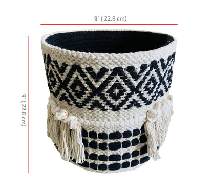 NATURE4U Boho Hand Woven Plant Basket Modern Woven Basket for 4-6.5" Flower Pot Floor Indoor Planters, Storage Organizer Rustic Home Decor, Black and White with Tassels 9” x 9"