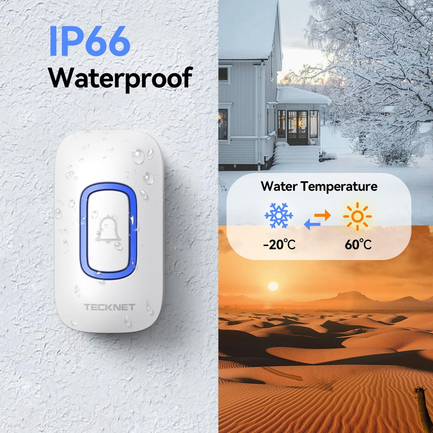 TECKNET Plug-in Wireless Doorbell with RGB Lighting & 1300 Feet Range,IP66 Waterproof Doorbell for Home/Classroom/Office/Business,60 Chimes,5-Level Volume,4.5-Year Battery Life(White)