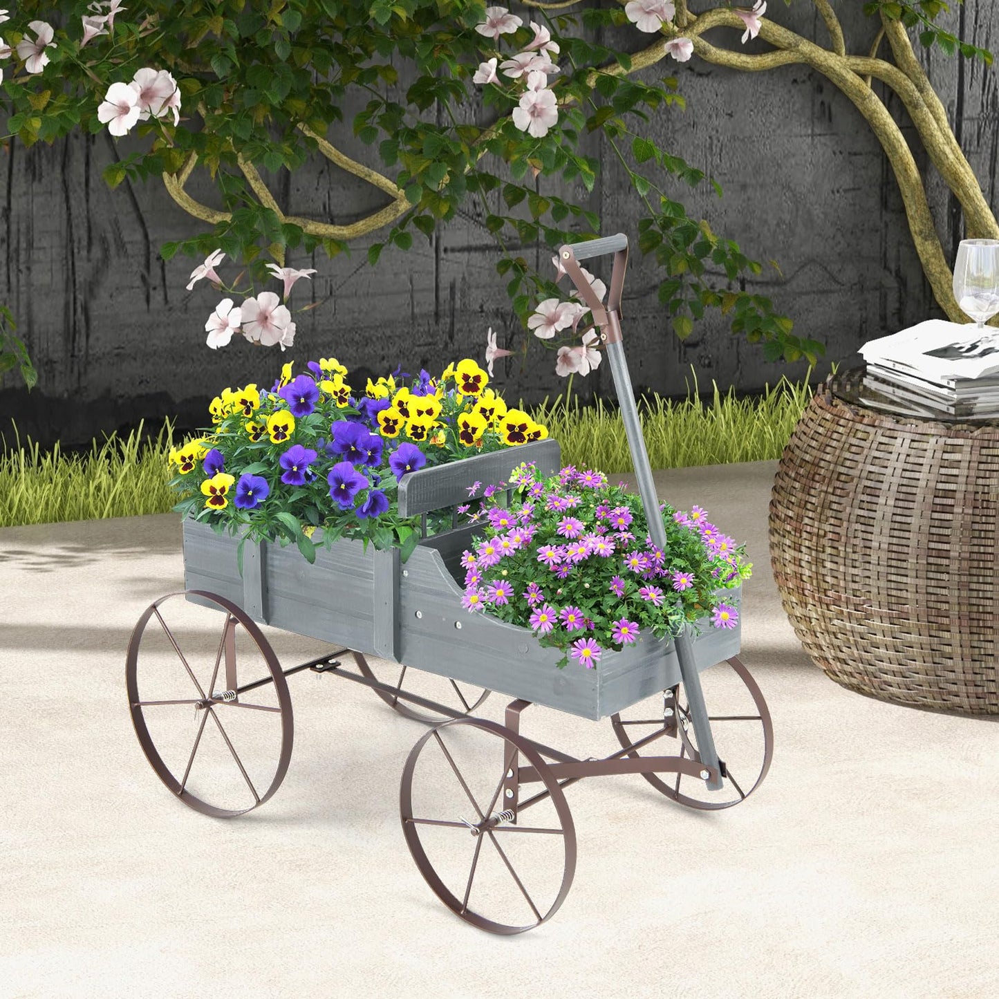 CHEFJOY Wooden Wagon Planter, Decorative Garden Wheelbarrow Planter with 2 Planting Sections, Rolling Wheels, Adjustable Handle, Small Wagon Cart Planter Stand for Flowers Vegetables Herbs (Grey)