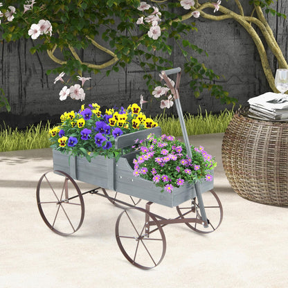 CHEFJOY Wooden Wagon Planter, Decorative Garden Wheelbarrow Planter with 2 Planting Sections, Rolling Wheels, Adjustable Handle, Small Wagon Cart Planter Stand for Flowers Vegetables Herbs (Grey)