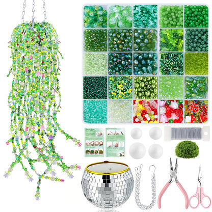 5057 Pcs Beaded Plant Kit Forever Plant Kit for Mirror Disco Ball Planter Making,Green Beads for Beaded Plants with Hanging Chain,Green Glass Leaf Beads Forever Plant Beads for Plant Making DIY Craft