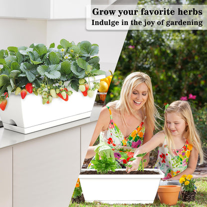 8pcs Rectangle Window Boxes Planters, 17 Inches Long Window Sill Planter Box Outdoor, Plastic Rectangular Window Flower Herb Pots Indoor with Drainage Holes and Trays for Garden Windowsill Light Grey