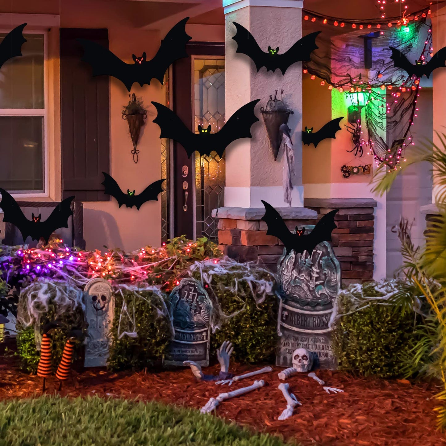 VERNILLA Hanging Bats Halloween Decorations 12pcs 3D Realistic Halloween Hanging Flying Bat with Glowing Eyes for Outdoor (3 Styles)