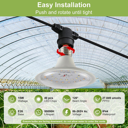 AuraQify Outdoor Grow Lights for Plants, Full Spectrum Greenhouse Grow Light, Outdoor Waterproof Appearance Patent Design, 22FT Adjustable Cord for Vegetables, Seedlings, Flowers (6 Lights)