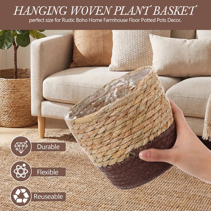 Ferrochef 6 Pcs Seagrass Hanging Planter Basket Hand Woven Plant Basket with Plastic Liners Hanging Plant Holder Storage Containers with Cotton Rope for Indoor Garden Decor (Small,Brown,Coffee Brown)