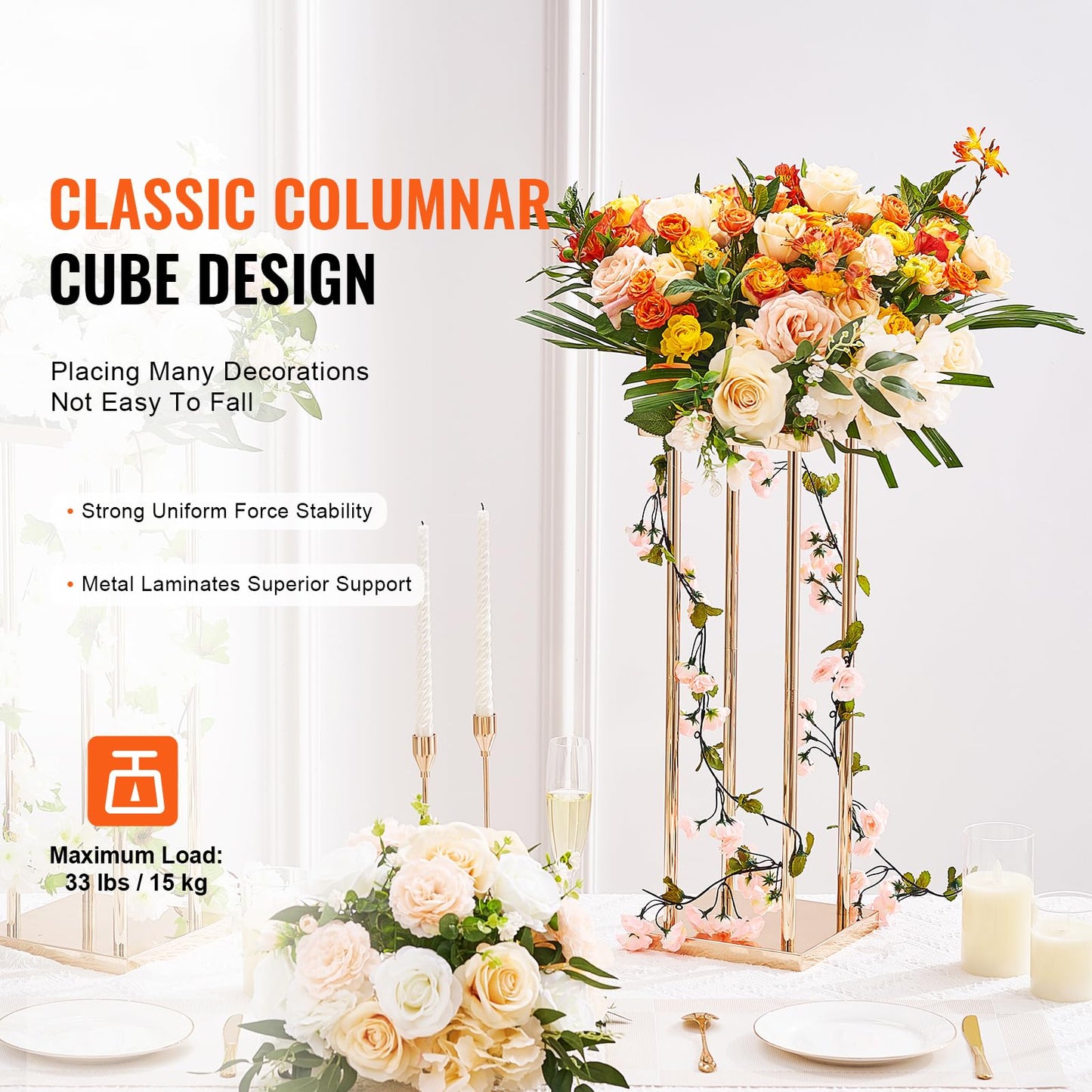 Happybuy 4PCS Gold Metal Column Wedding Flower Stand, 31.5in Geometric Vase Centerpiece Stands, Cylindrical Floral Display Rack for Events, Reception, Party Decoration
