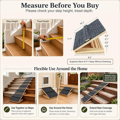 4 Pack Dog Ramp for Stairs – Solid Wood Adjustable & Foldable, 4 Heights, Non-Slip Silicone Base, Traction Felt, Raised Pause Strip, 35lb for Small & Senior Dogs