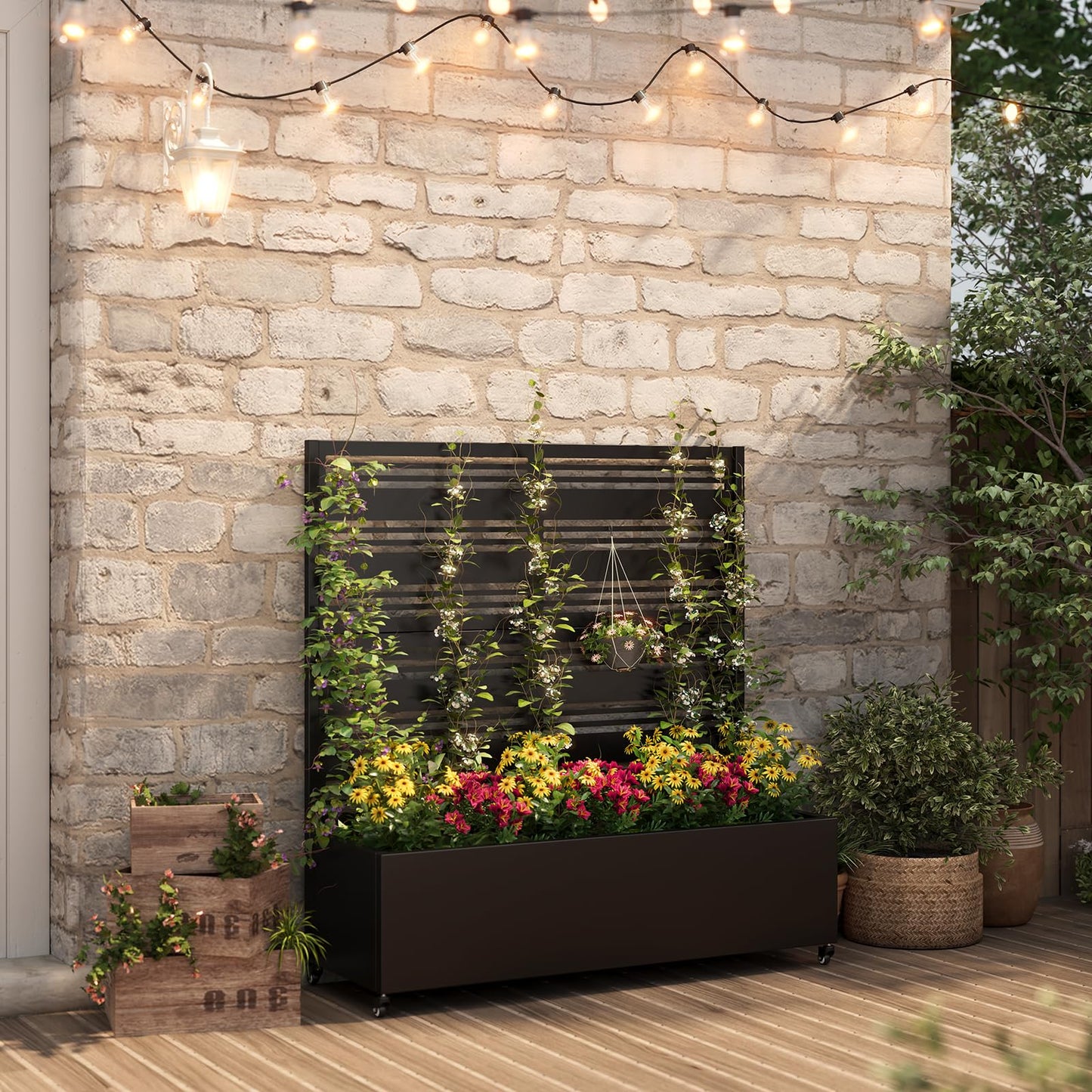 Metal Raised Garden Bed Trellis Large Outdoor Planter Box for Patio,Balcony Privacy Planters for Patio 48.4" x 47"x 15.7 Wheels Drainage Holes,for Climbing Vegetables,Flowers,Vines（Black）