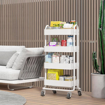 4 Tier Metal Rolling Cart with Wheels,4 Tier Utility Cart with Wheels for Office,Home,Kitchen,Garden（13.4"x18.1"x40"） White