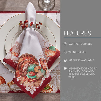 Elrene Home Fashions Holiday Turkey Bordered Fall Napkins, Seasonal Fall Cloth Napkins, 17" x 17", Set of 8